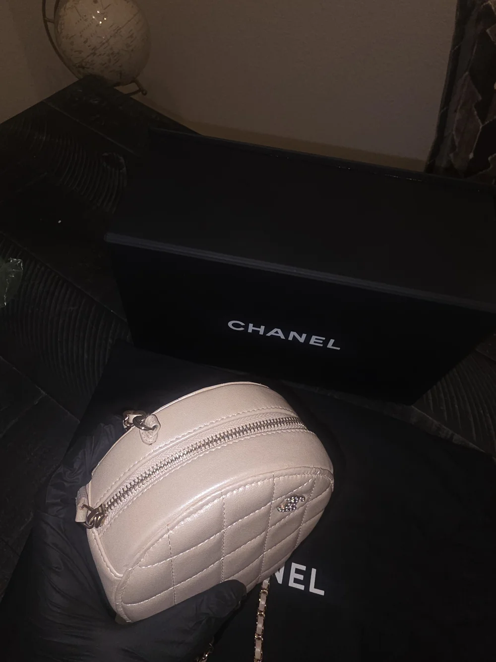 CHANEL Beige Iridescent Calfskin Quilted Round Pearl Chain Crossbody Bag